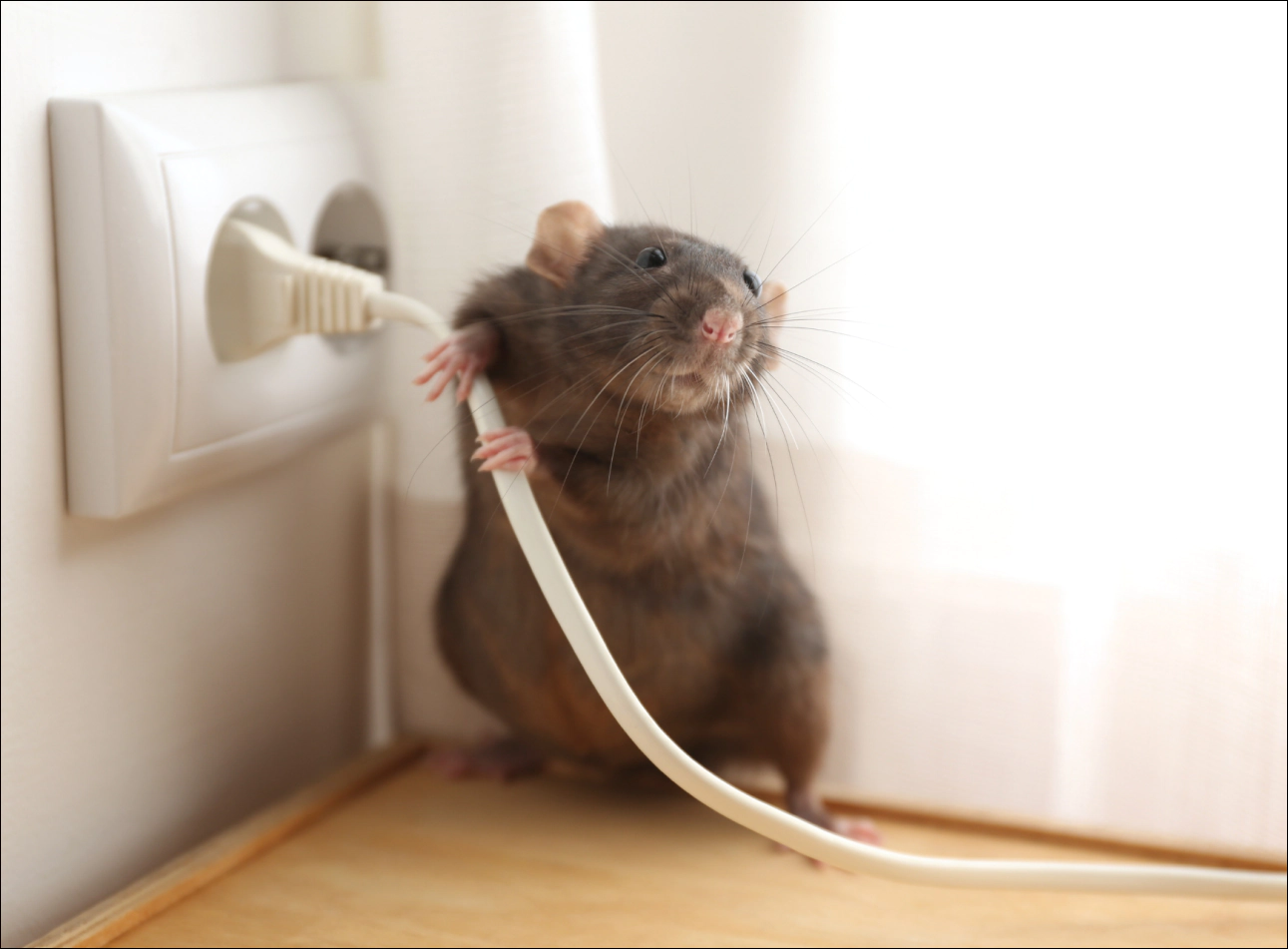 a rat holding an electrical cord